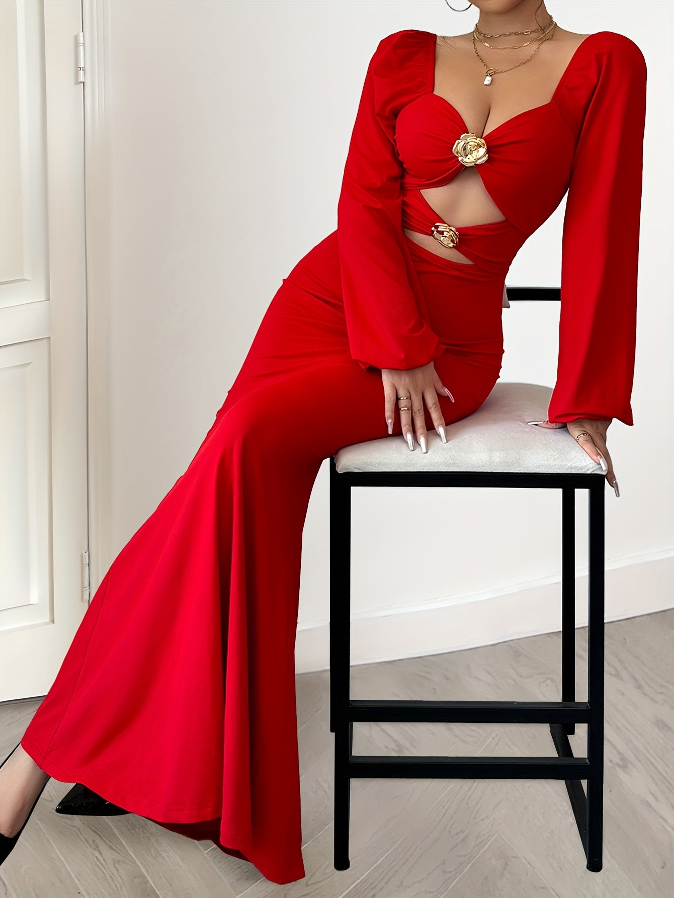 Elegant Women's Long Sleeve Mermaid Dress with Sexy Cut-Out Detail - Backless, Bodycon Fit for Parties & Banquets