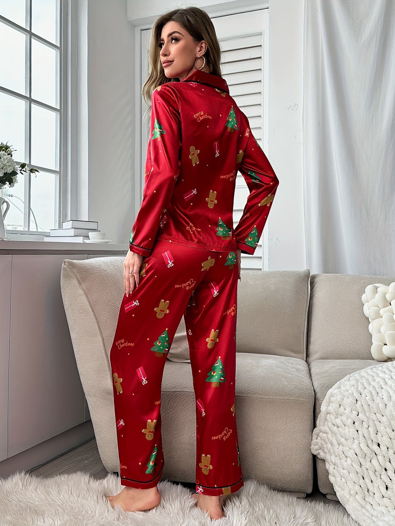 Elegant Christmas Tree Print Clothing Set for Women - Long Sleeve Button-Up Top & Elastic Waist Pants, Soft Satin Blend, Machine Washable