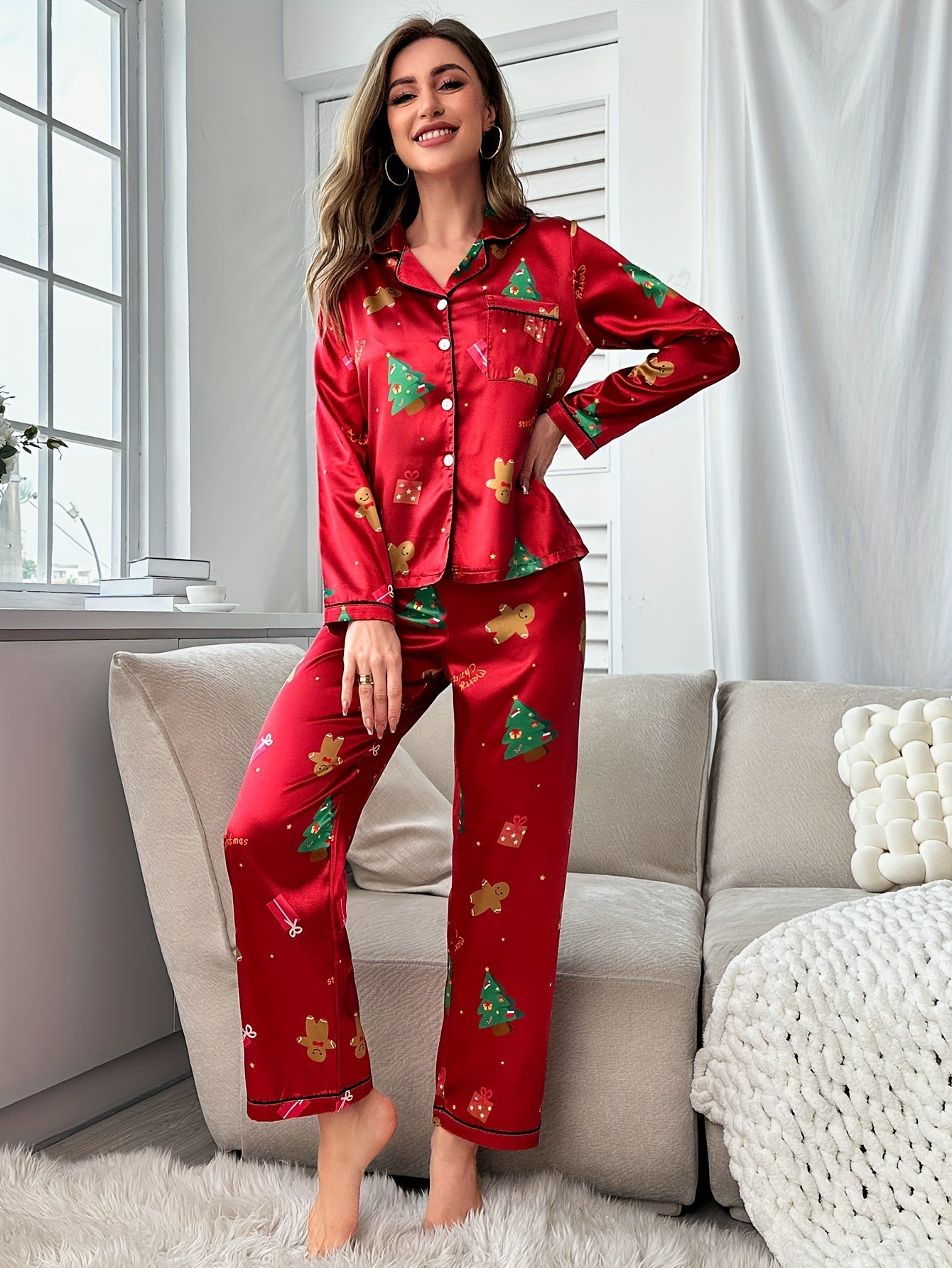 Elegant Christmas Tree Print Clothing Set for Women - Long Sleeve Button-Up Top & Elastic Waist Pants, Soft Satin Blend, Machine Washable