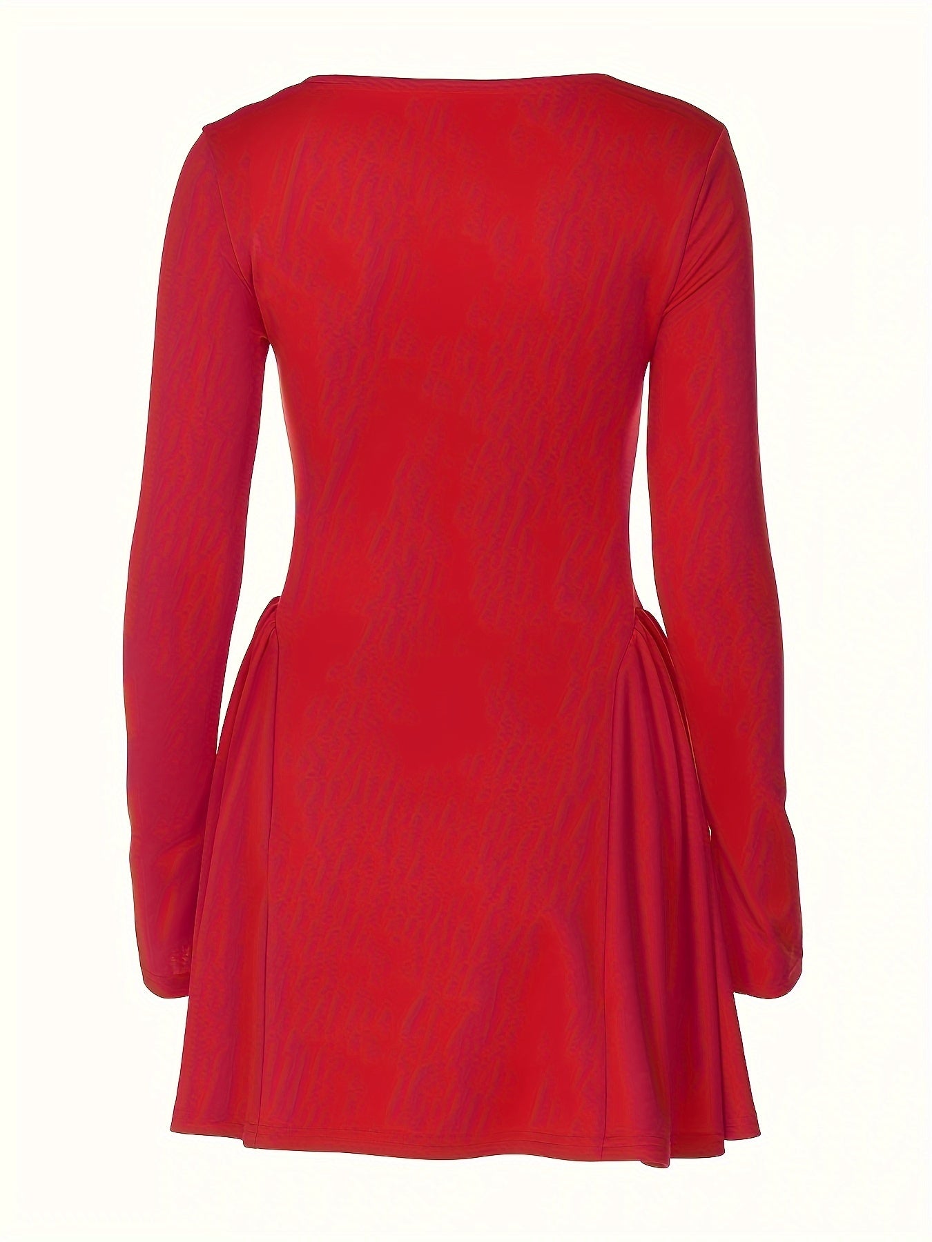 Solid Color Ruched Sweetheart Neck Dress, Sexy A-Line Long Sleeve Mini Dress For Spring & Fall, Women's Clothing